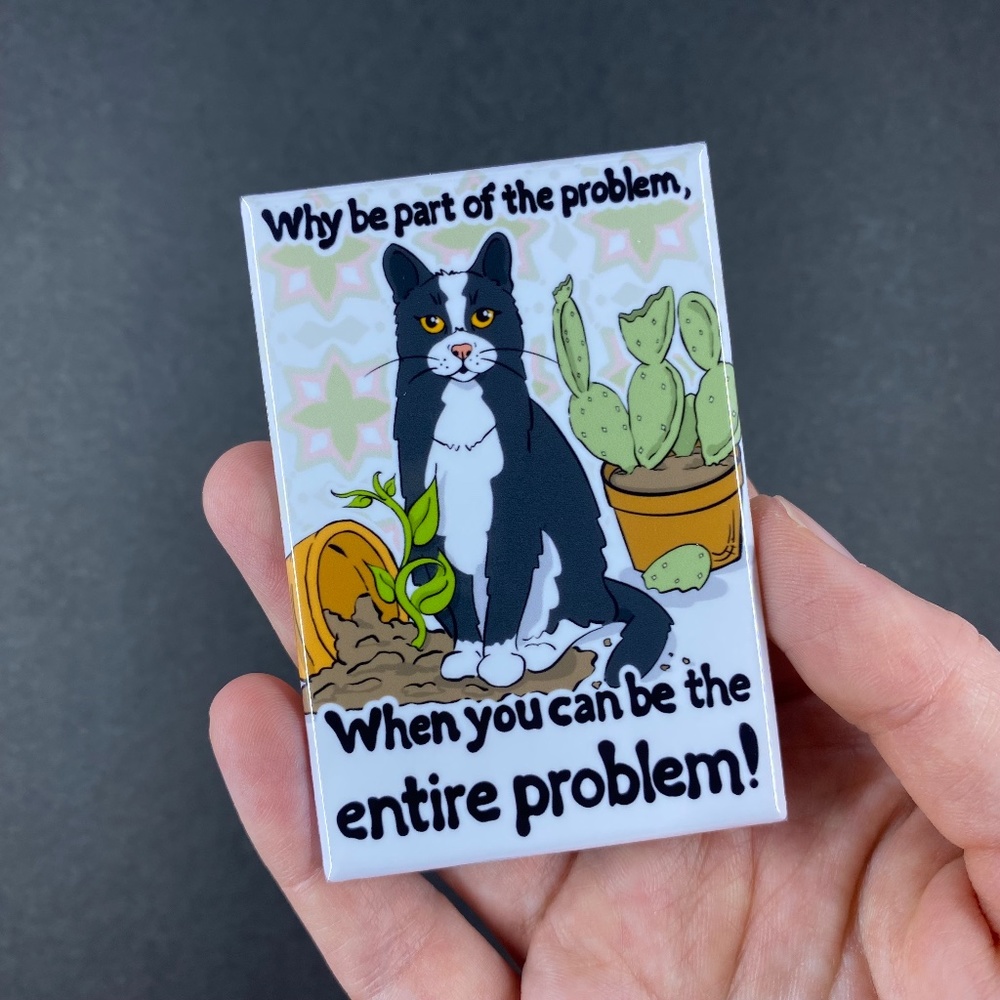 Tuxedo Cat & Plants Magnet, Funny Pet Portrait Decor Gift Handmade 2x3"